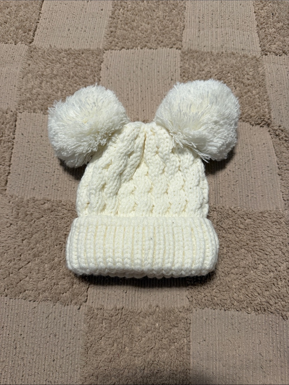 Cream Cable Knit Baby Hat with Double Pom Poms